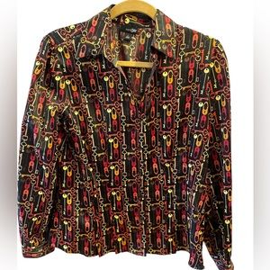 East 5th Brown Long Sleeve Blouse Covered with Colorful Locks and Keys. Size = L